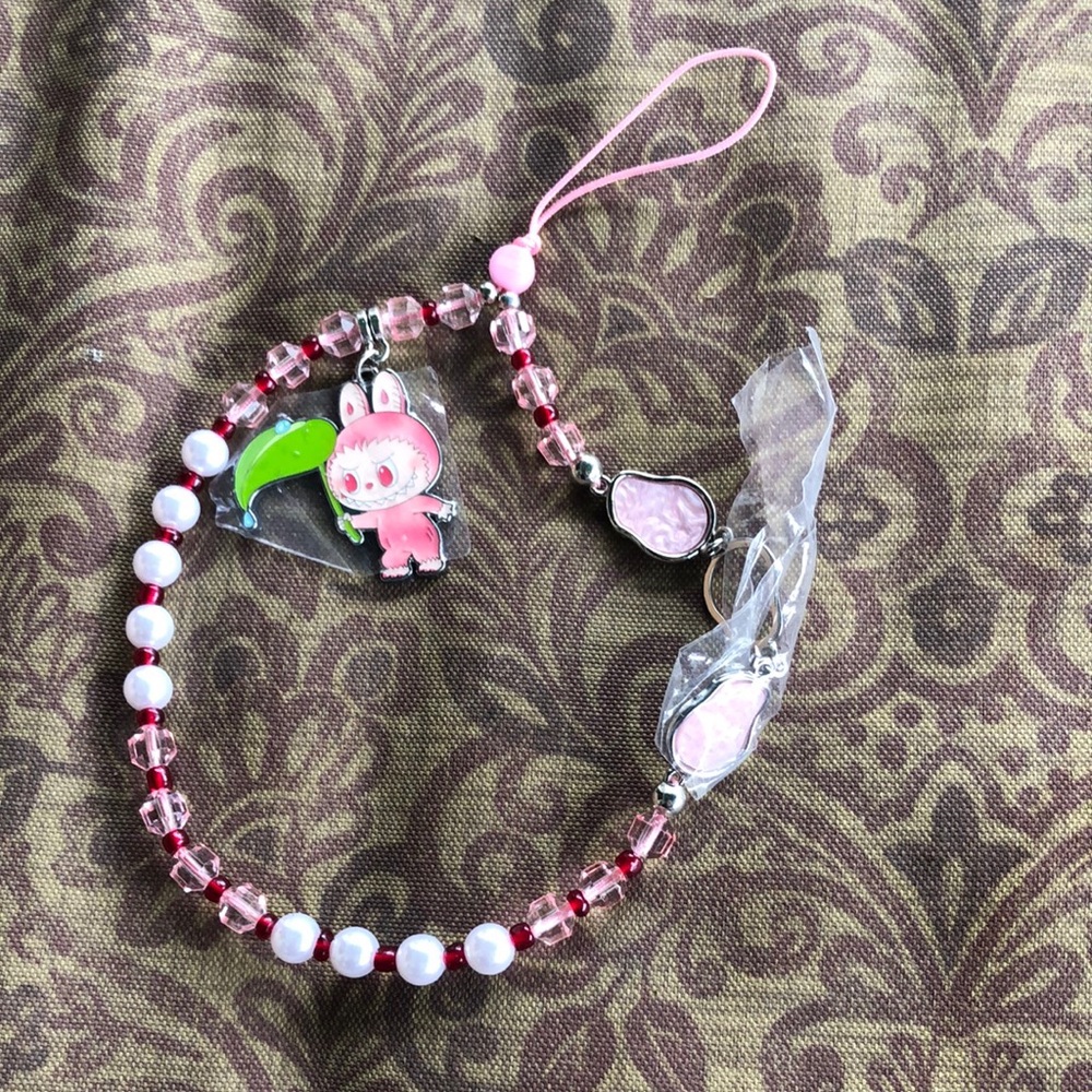 Popmart Labubu /  BIE Pink and White Beaded Phone Charm with Character Pendant